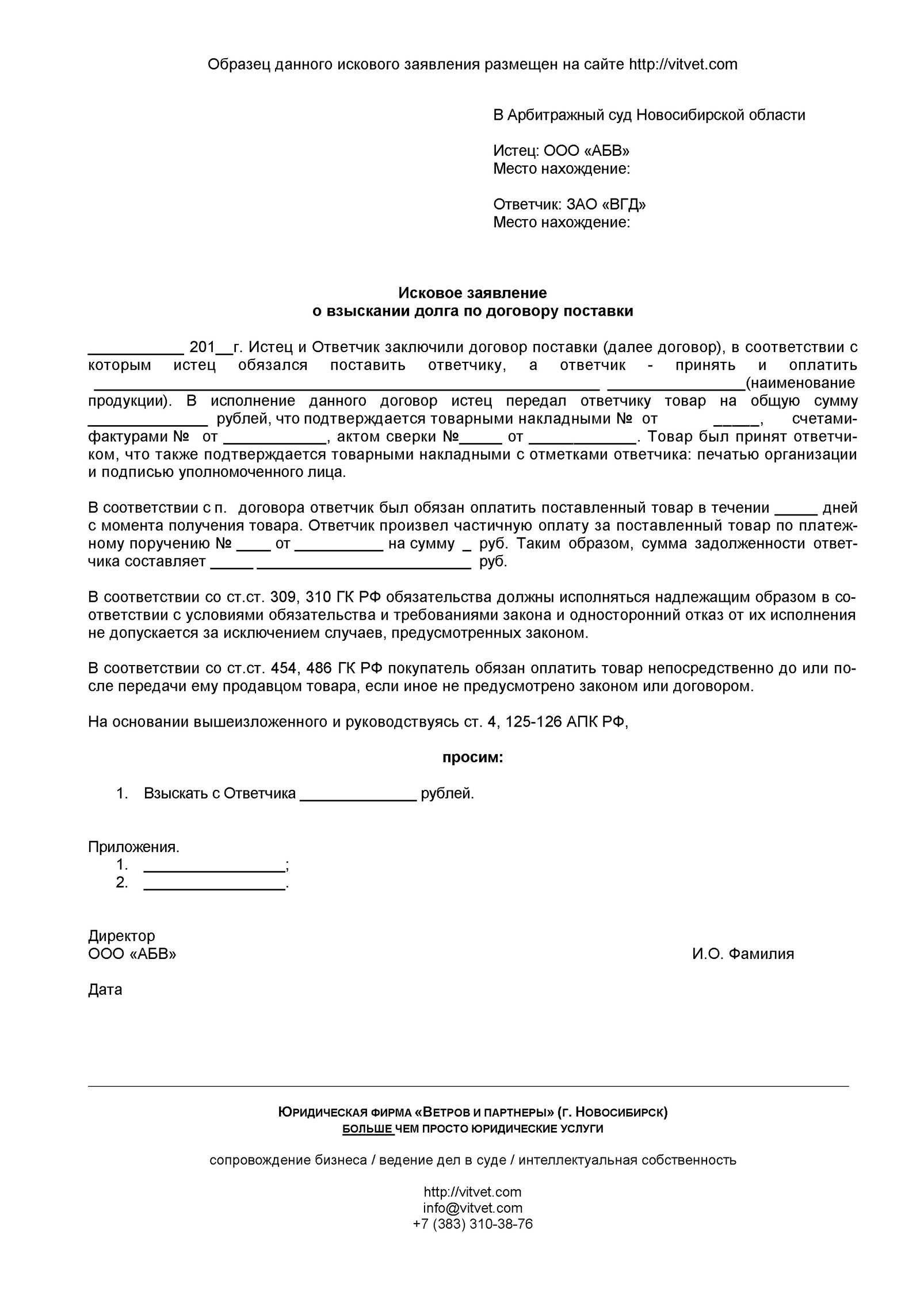 Образец искового заявления, юридическая фирма Ветров и партнеры (Новосибирск)